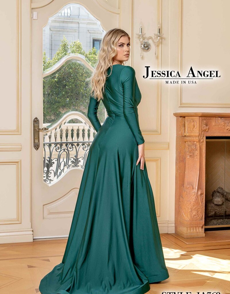 A-Line Long Sleeve Formal Gown with Slit and Low Neckline