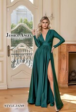 A-Line Long Sleeve Formal Gown with Slit and Low Neckline