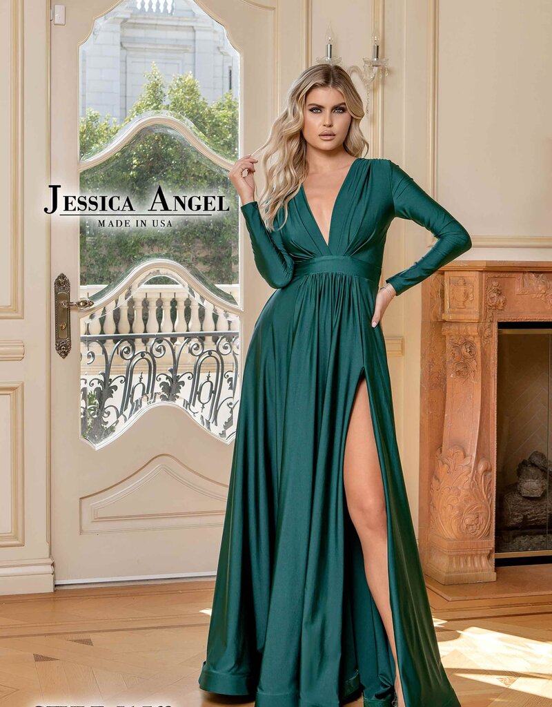 A-Line Long Sleeve Formal Gown with Slit and Low Neckline
