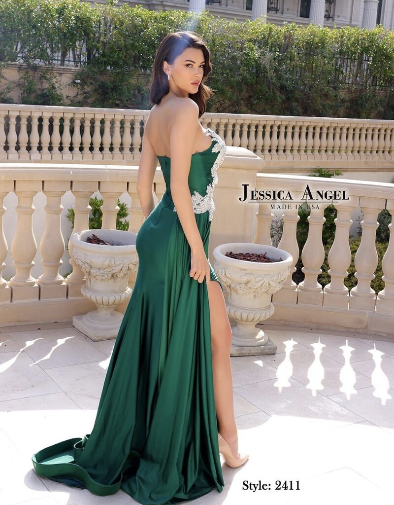 Strapless Formal Gown with Intricate Beading, Side Sash, and High Slit