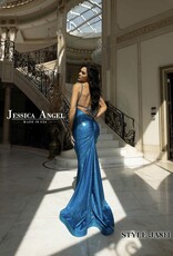 Full Length Gown with Spaghetti Straps and V Neckline in B'Dazzled Material