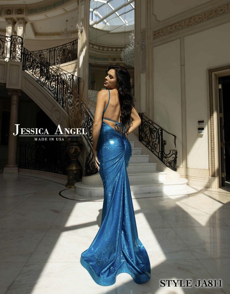 Full Length Gown with Spaghetti Straps and V Neckline in B'Dazzled Material