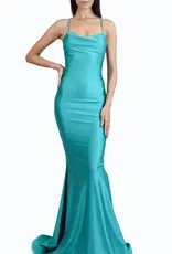 Full Length Formal Gown with Lace Up Back and Cowl Neckline