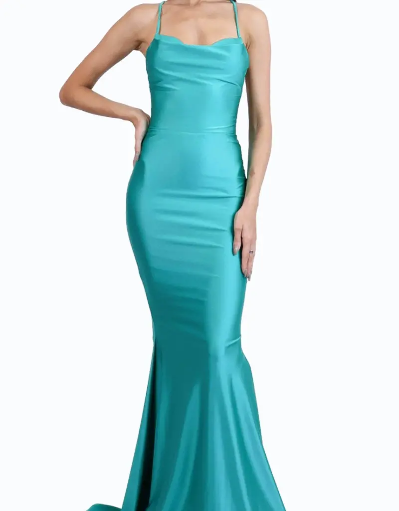 Full Length Formal Gown with Lace Up Back and Cowl Neckline