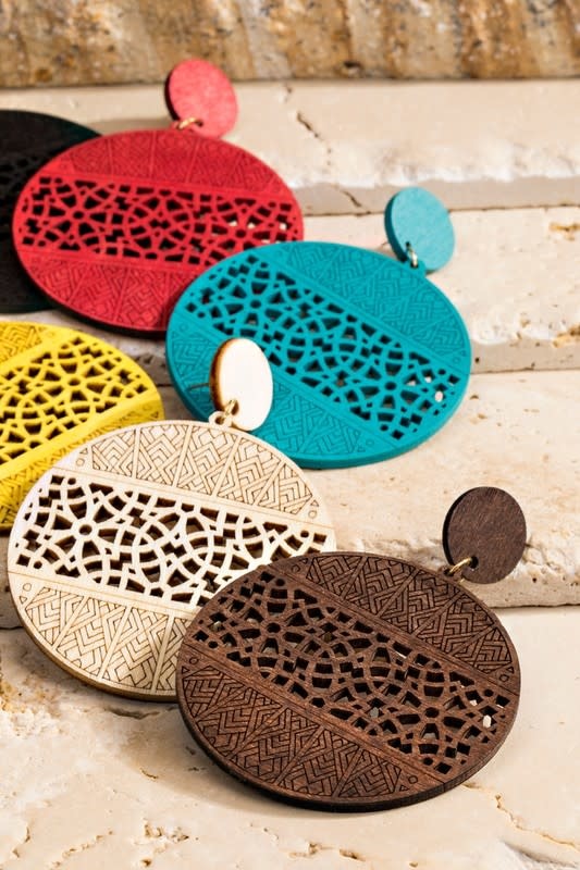 urbanista Filigree Laser Cut Wood Earrings-Turquoise - Black Beauty