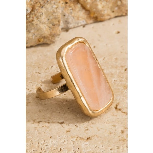 Rectangle natural stone with hammered metal accent Ring