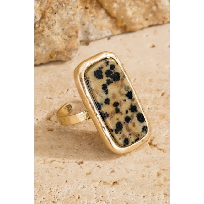 Rectangle natural stone with hammered metal accent Ring