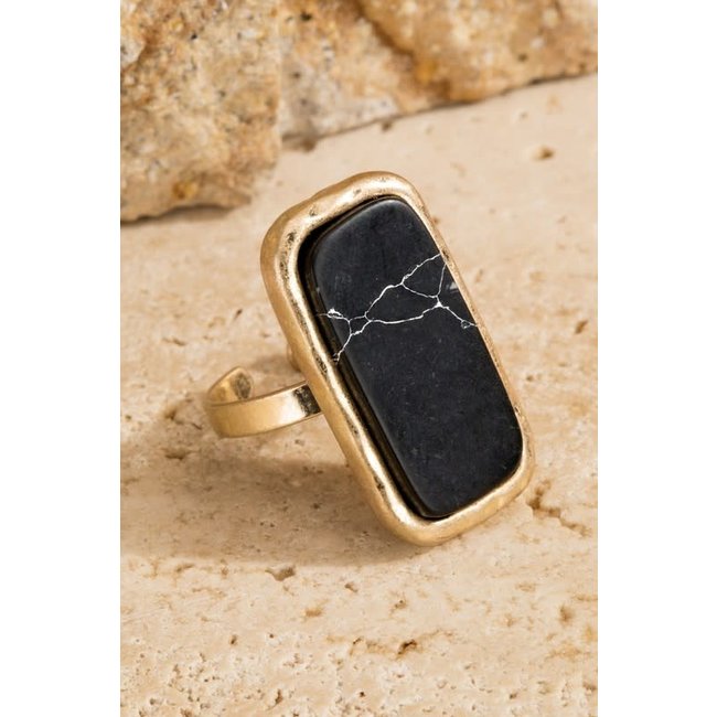 Rectangle natural stone with hammered metal accent Ring