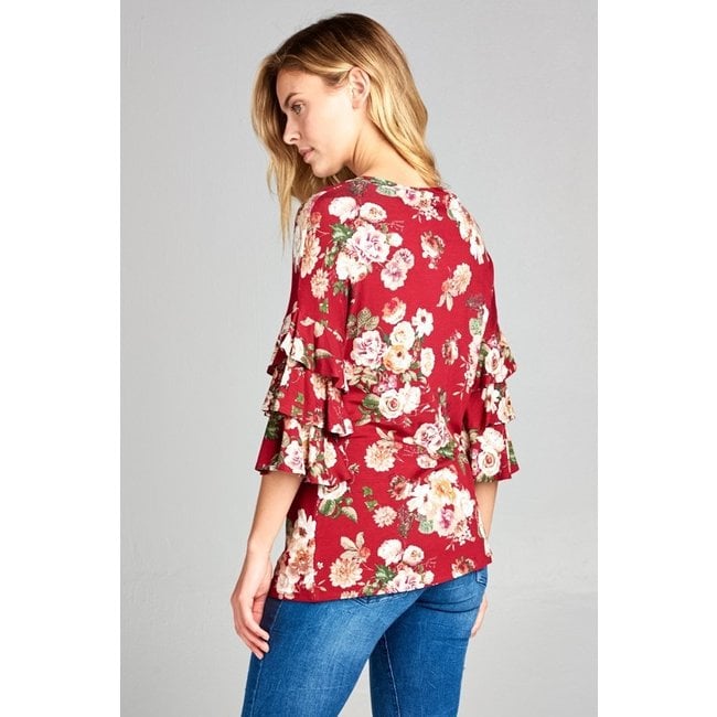 Tunic Blouse Floral Ruffle Top- Burgandy