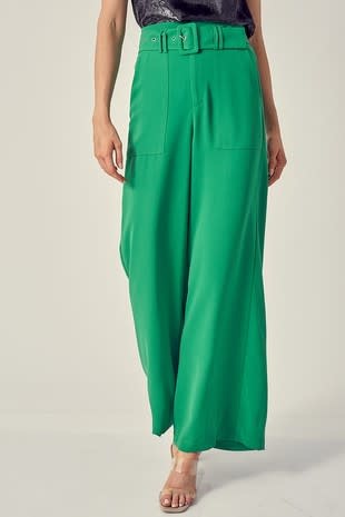 Green Self Belted Wide Leg Pants - Black Beauty & Supply