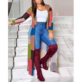 Colorblock Long Sleeve Casual Longline Coat- Multicolor