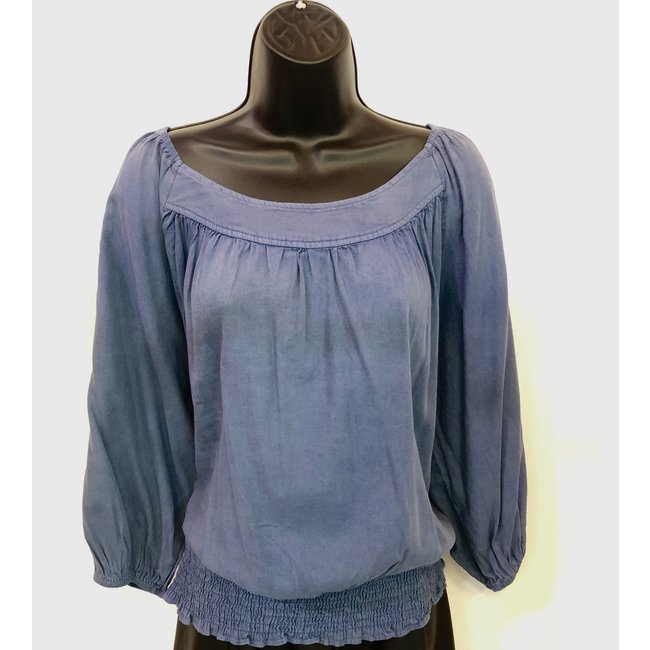 Denim Mineral Washed Smocked Bottom Peasant Top