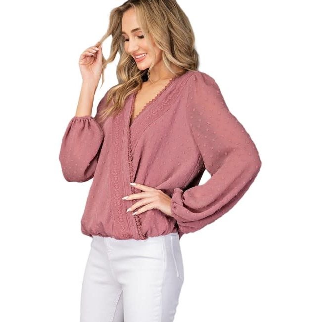 Red Bean Surplice Lace Long Sleeve Top