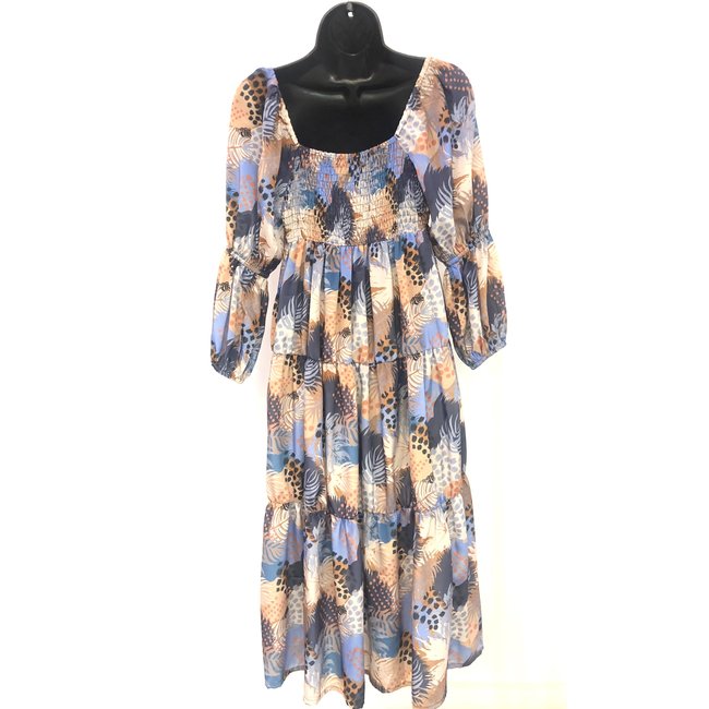 Blue Brown & Tan Leaves Maxi Dress