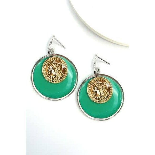 Green Epoxy Resin Gold Coin Dangle Earrings