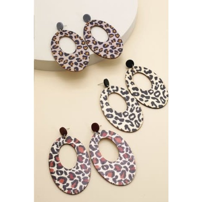 Wood Oval Leopard Print Earrings