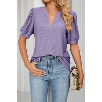 V-Neck Puff Short Sleeve Hollow Out Top