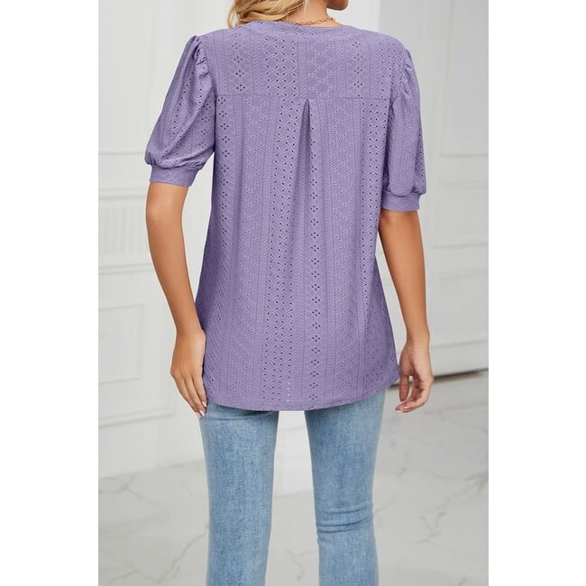 V-Neck Puff Short Sleeve Hollow Out Top