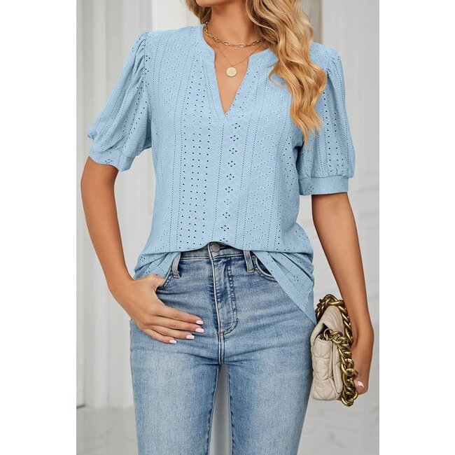 V-Neck Puff Short Sleeve Hollow Out Top