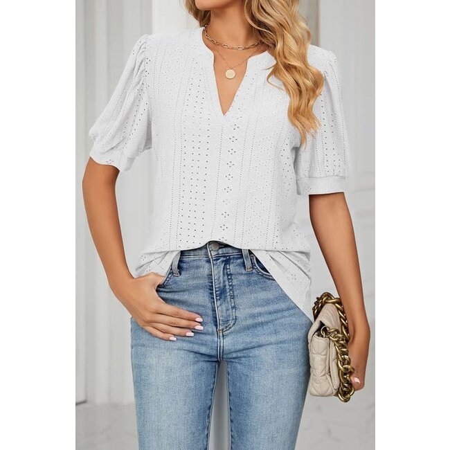 V-Neck Puff Short Sleeve Hollow Out Top