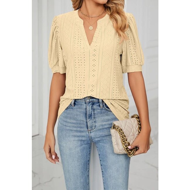 V-Neck Puff Short Sleeve Hollow Out Top