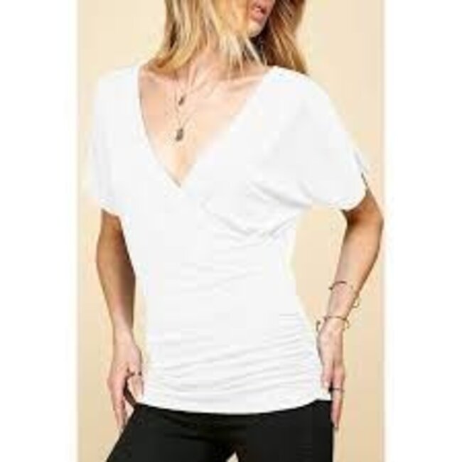 V Neck Short Sleeve Wrap Drape Dolman Top