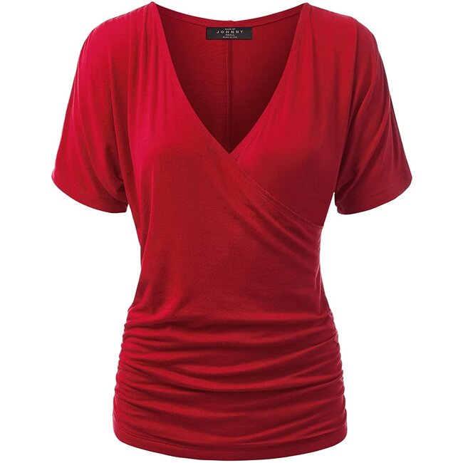 V Neck Short Sleeve Wrap Drape Dolman Top