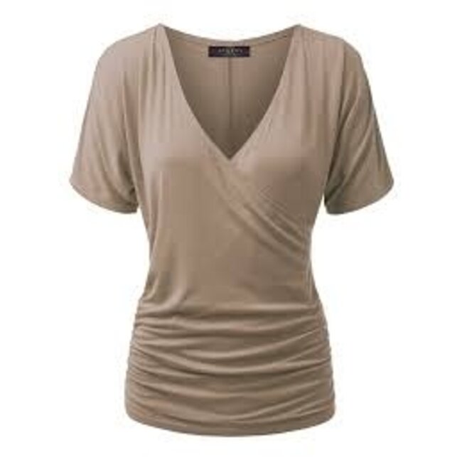 V Neck Short Sleeve Wrap Drape Dolman Top