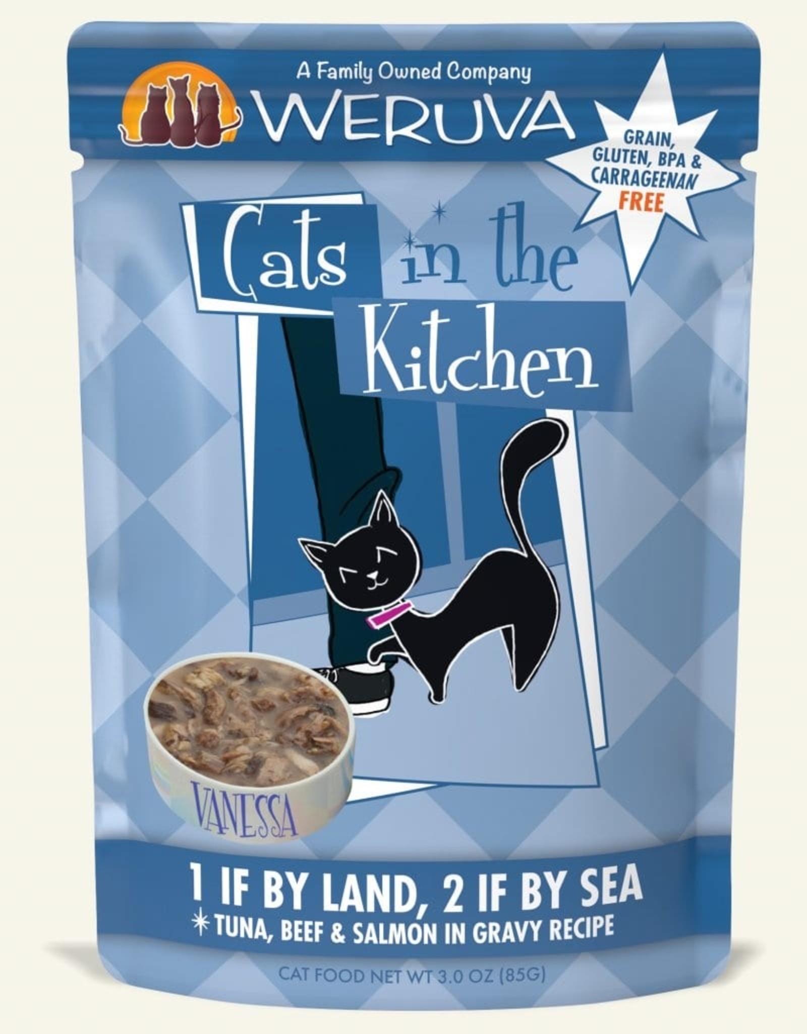 Weruva Cats in the Kitchen 1 If by Land, 2 If by Sea Tuna, Beef & Salmon in Gravy Recipe Wet Cat Food 3 Oz. Pouches Case of 12