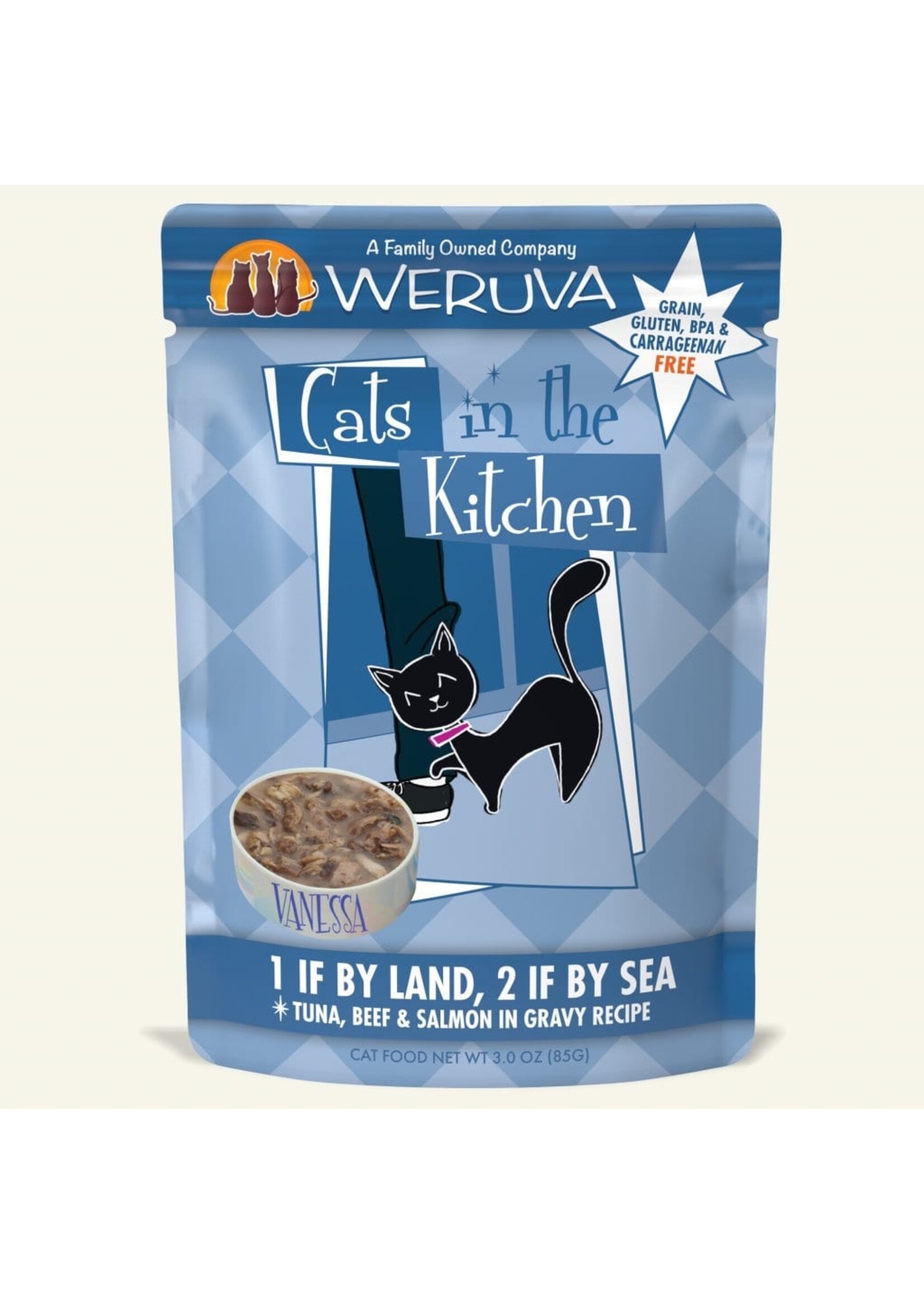 Weruva Cats in the Kitchen 1 If by Land, 2 If by Sea Tuna, Beef & Salmon in Gravy Recipe Wet Cat Food 3 Oz. Pouches Case of 12