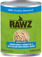 RAWZ RAWZ DOG CAN SHREDDED CHICKEN, COCONUT OIL & GREEN MUSSELS 10OZ CASE OF 12
