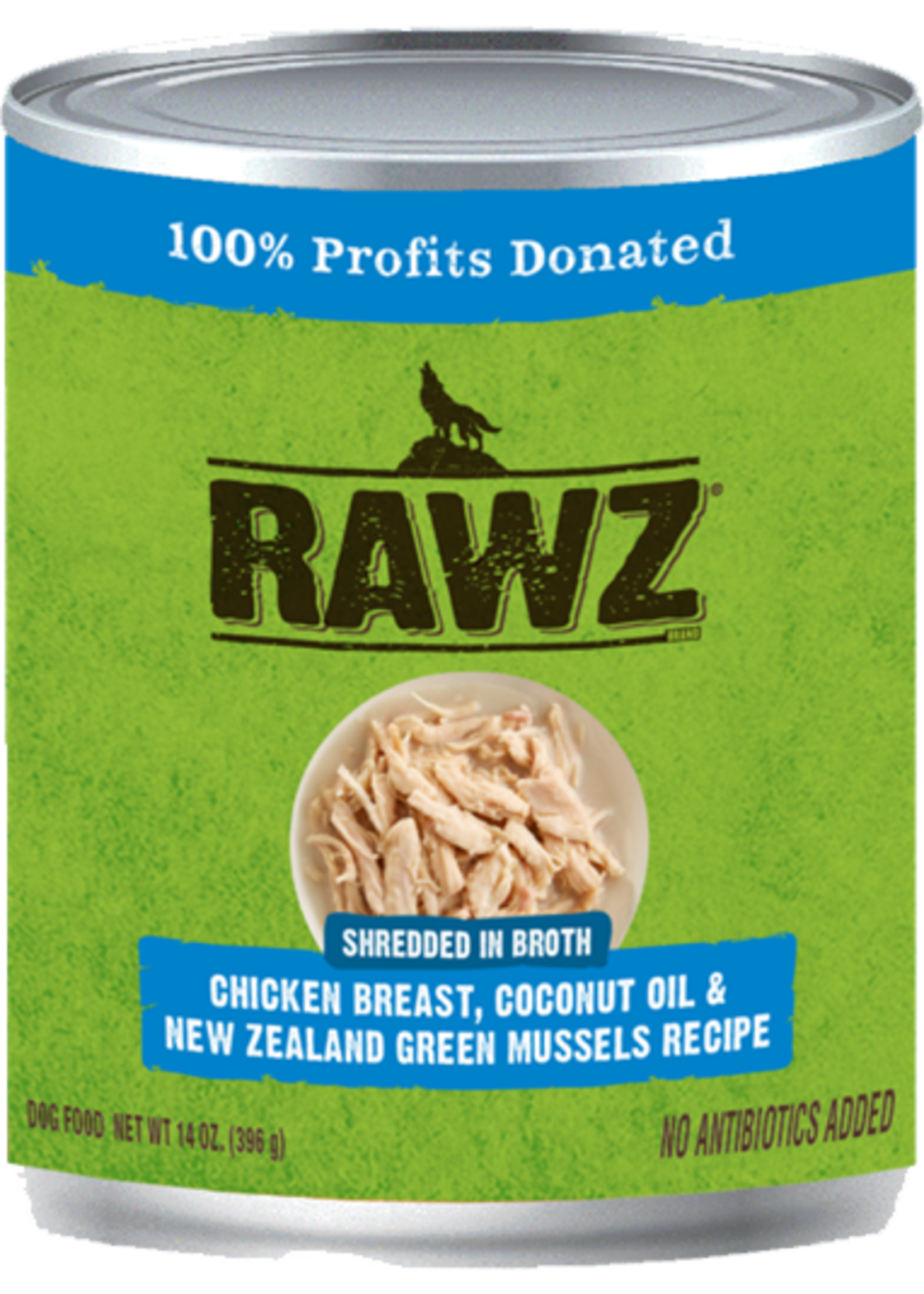 RAWZ RAWZ DOG CAN SHREDDED CHICKEN, COCONUT OIL & GREEN MUSSELS 10OZ CASE OF 12