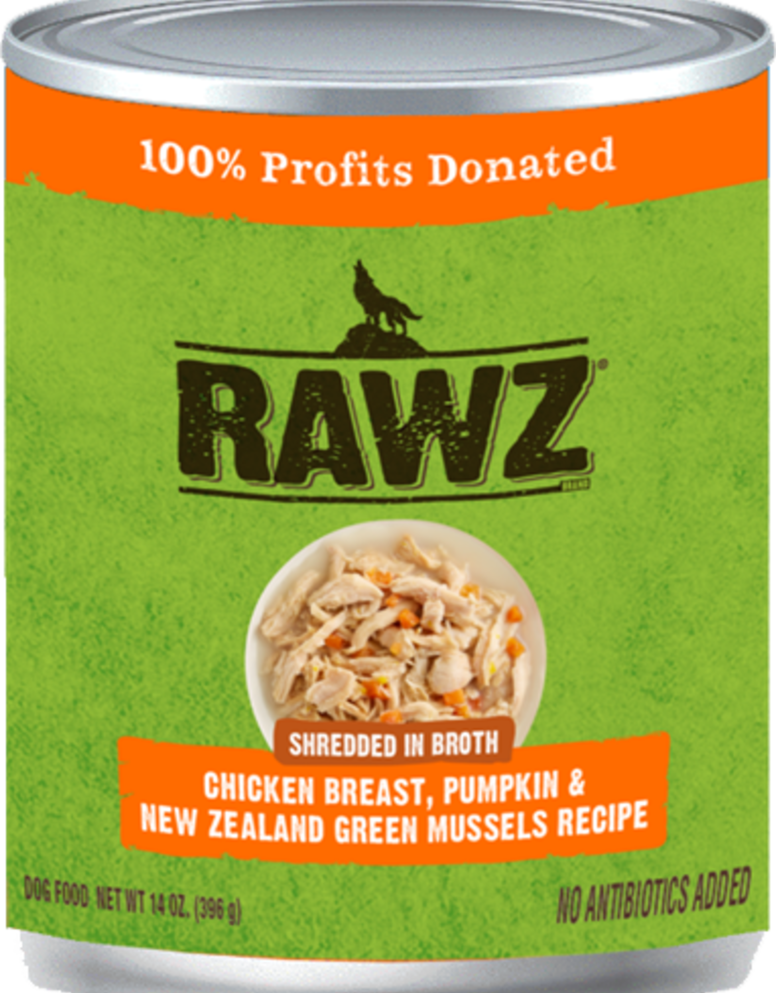 RAWZ RAWZ DOG CAN SHREDDED CHICKEN, PUMPKIN & GREEN MUSSELS 10OZ CASE OF 12
