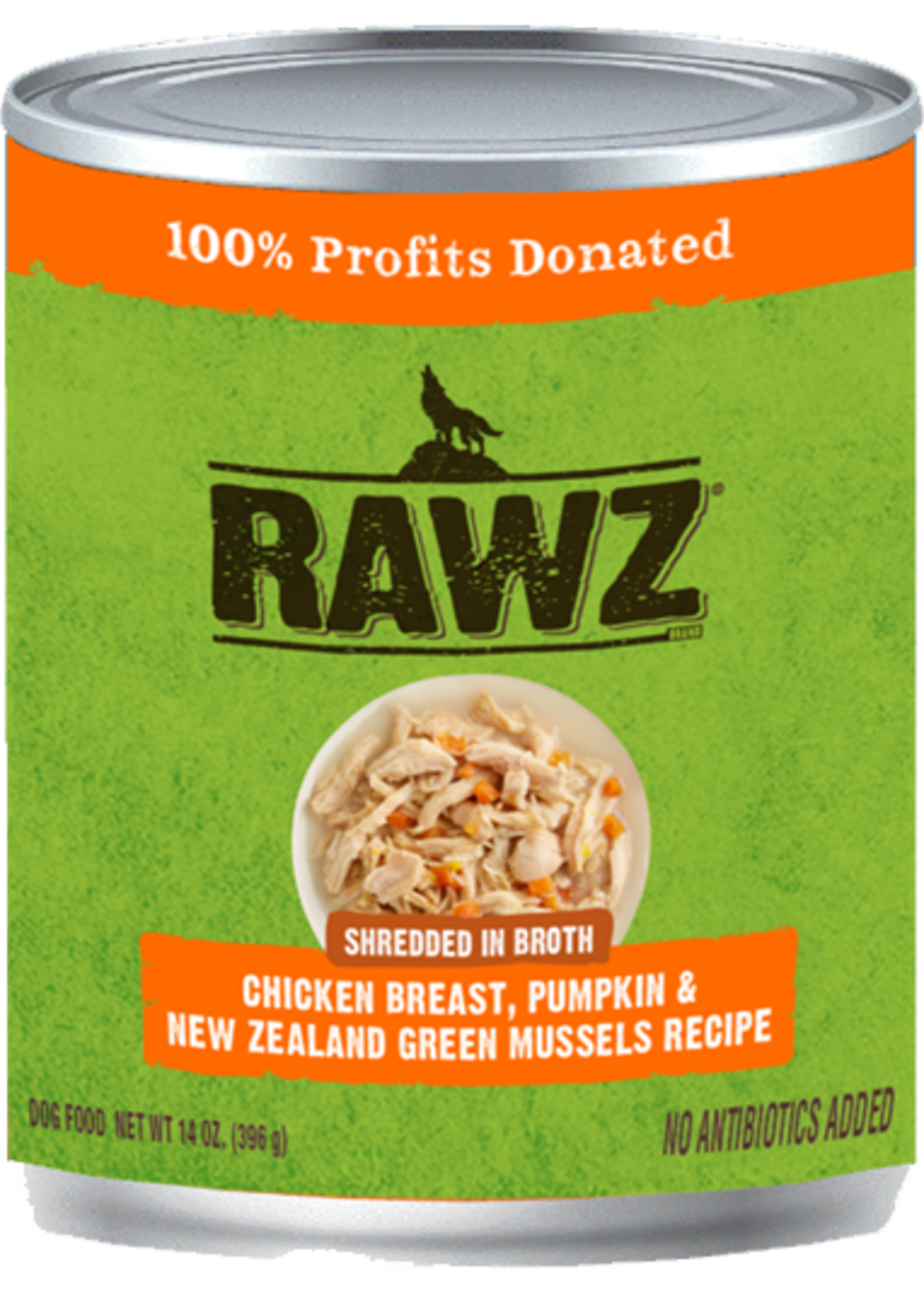 RAWZ RAWZ DOG CAN SHREDDED CHICKEN, PUMPKIN & GREEN MUSSELS 10OZ CASE OF 12