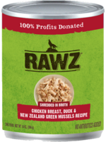 RAWZ RAWZ DOG CAN SHREDDED CHICKEN, DUCK & GREEN MUSSELS 10OZ CASE OF 12