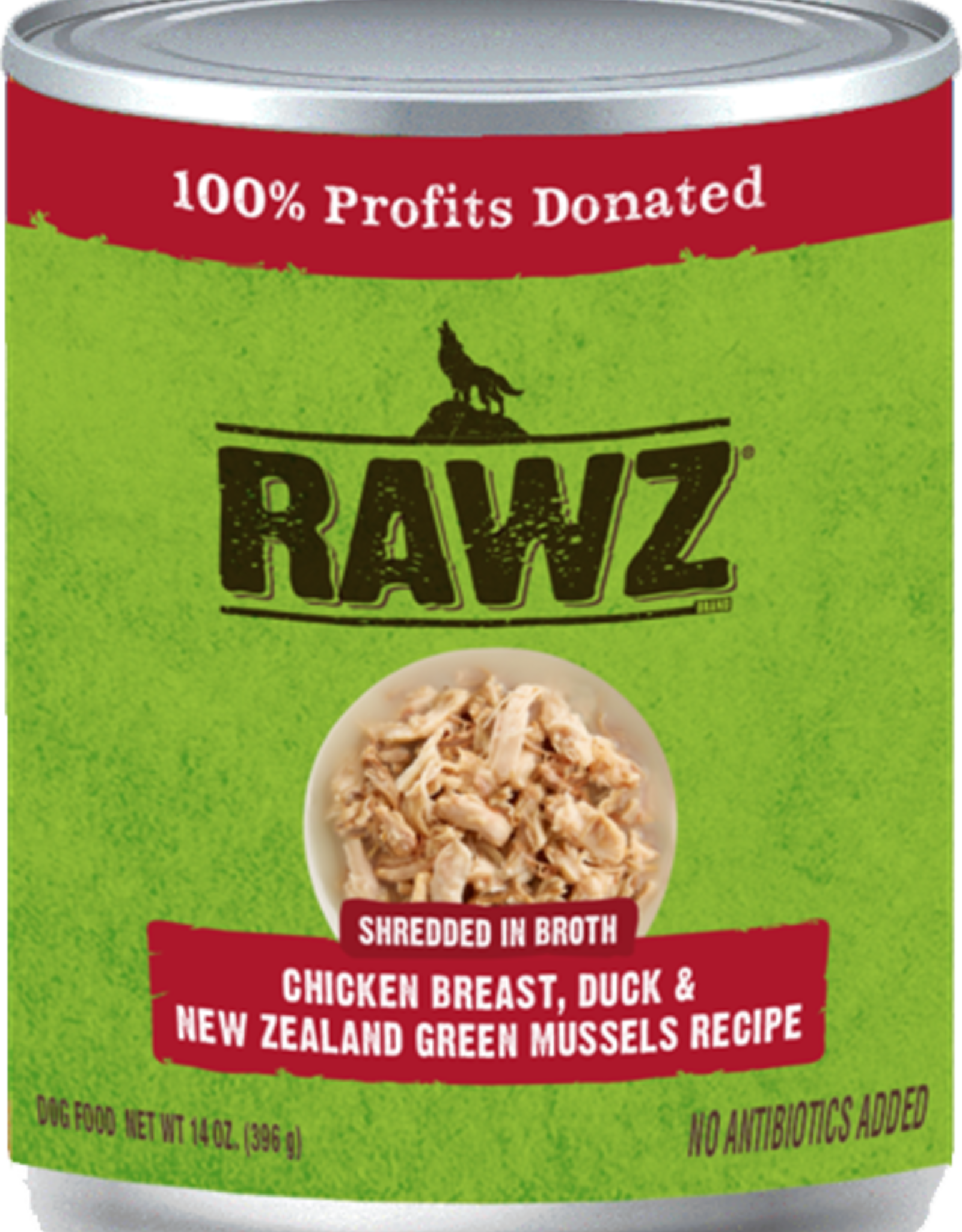 RAWZ RAWZ DOG CAN SHREDDED CHICKEN, DUCK & GREEN MUSSELS 10OZ CASE OF 12