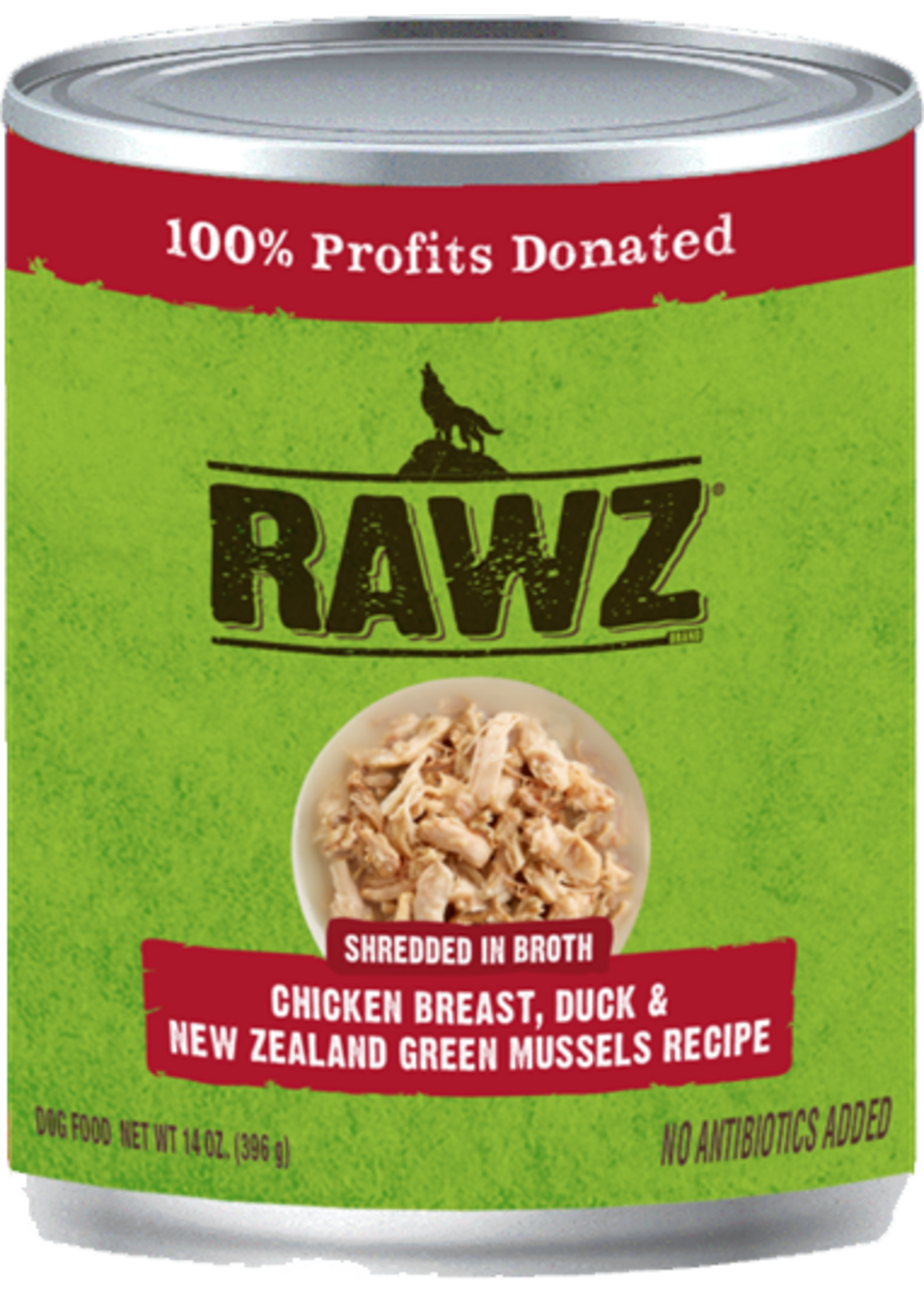 RAWZ RAWZ DOG CAN SHREDDED CHICKEN, DUCK & GREEN MUSSELS 10OZ CASE OF 12