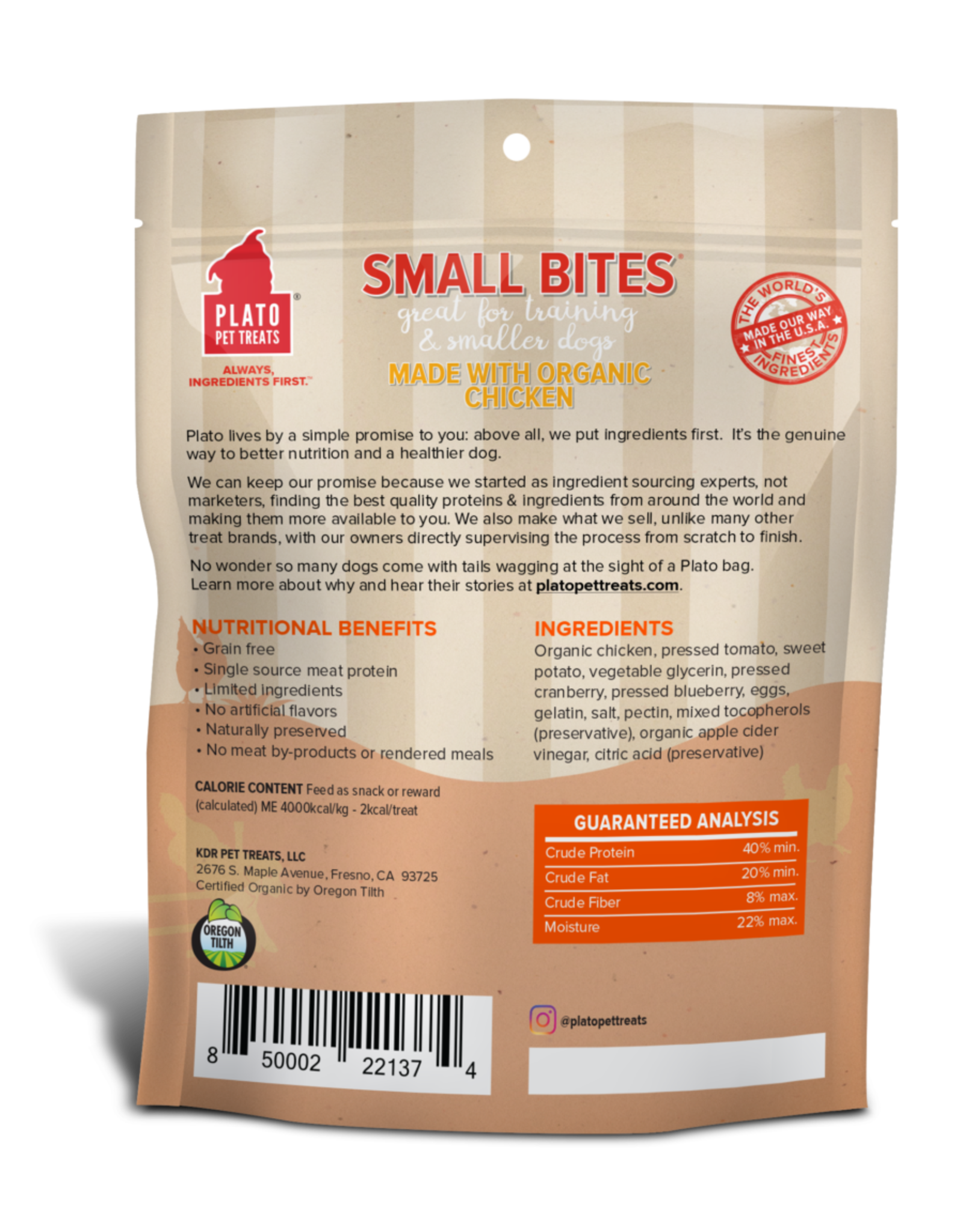 PLATO PET TREATS PLATO DOG SMALL BITES GRAIN FREE ORGANIC CHICKEN 6OZ