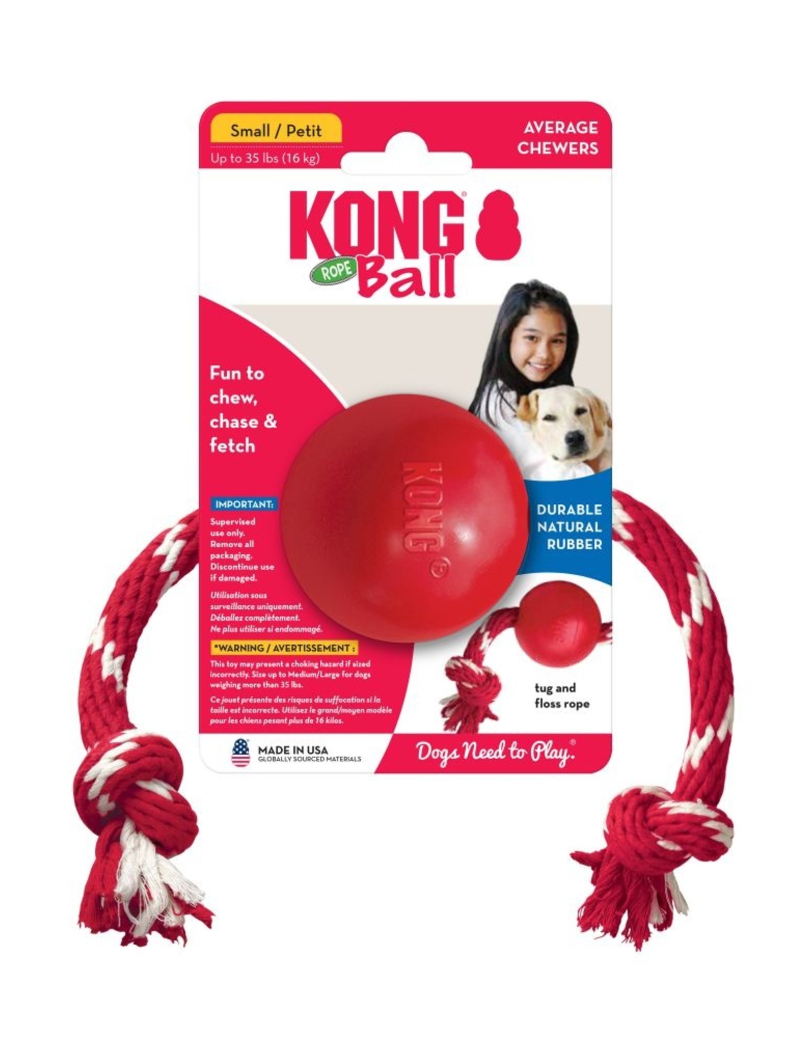 KONG KONG Ball W/Rope Dog Toy - Small, Red