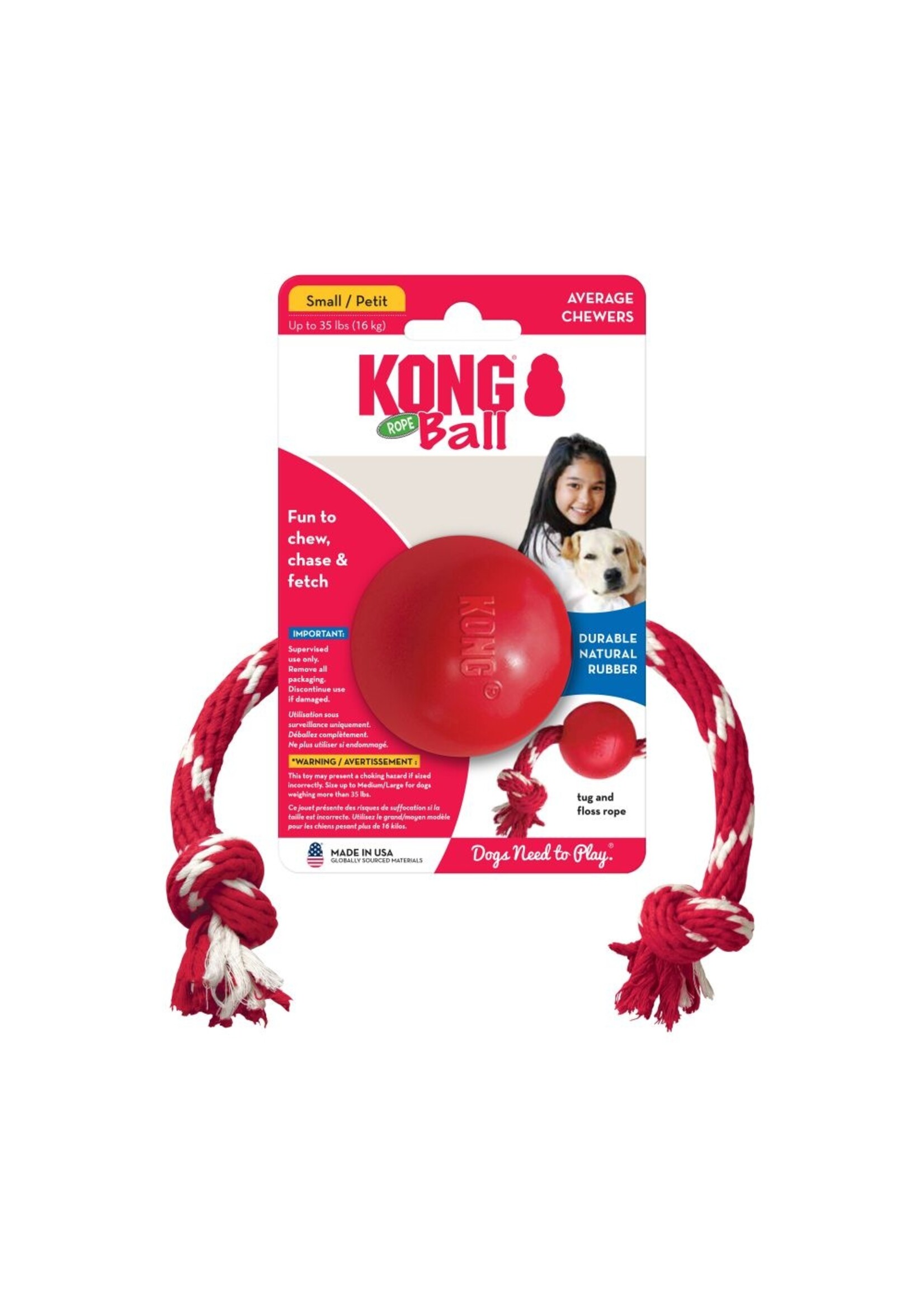 KONG KONG Ball W/Rope Dog Toy - Small, Red