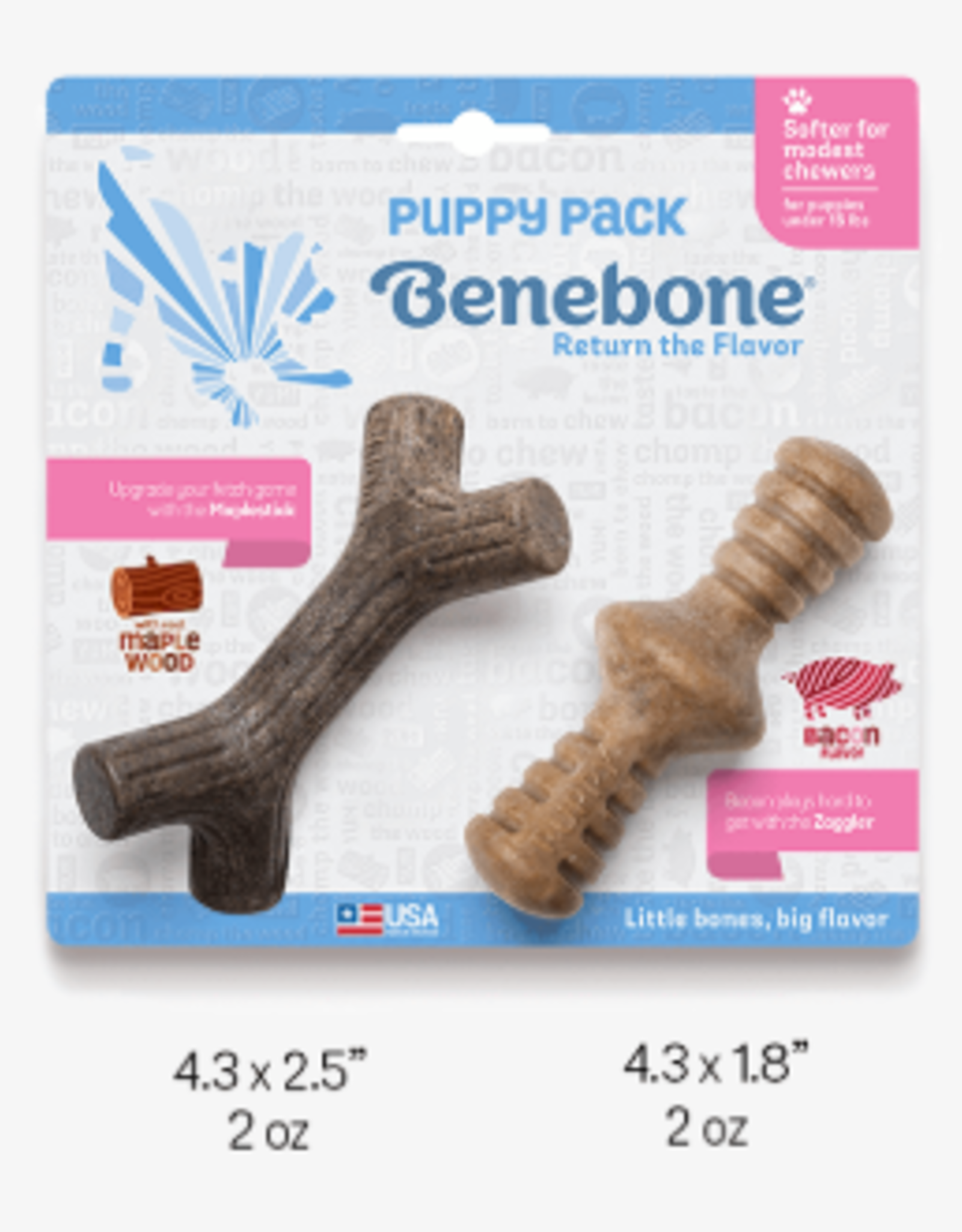 Benebone Benebone Puppy Maplestick Durable Dog Chew Toy 2-Pack Zaggler Bacon Tiny