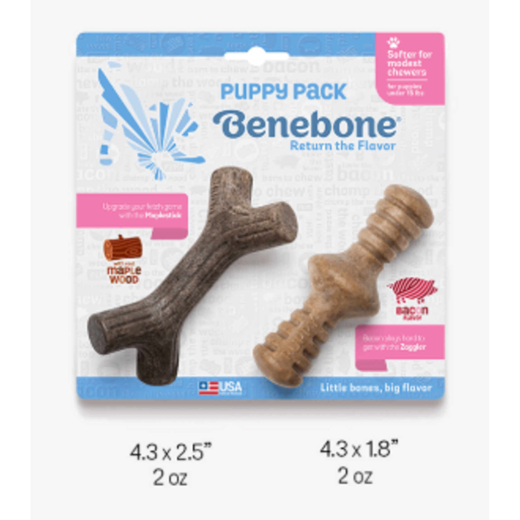 Benebone Benebone Puppy Maplestick Durable Dog Chew Toy 2-Pack Zaggler Bacon Tiny