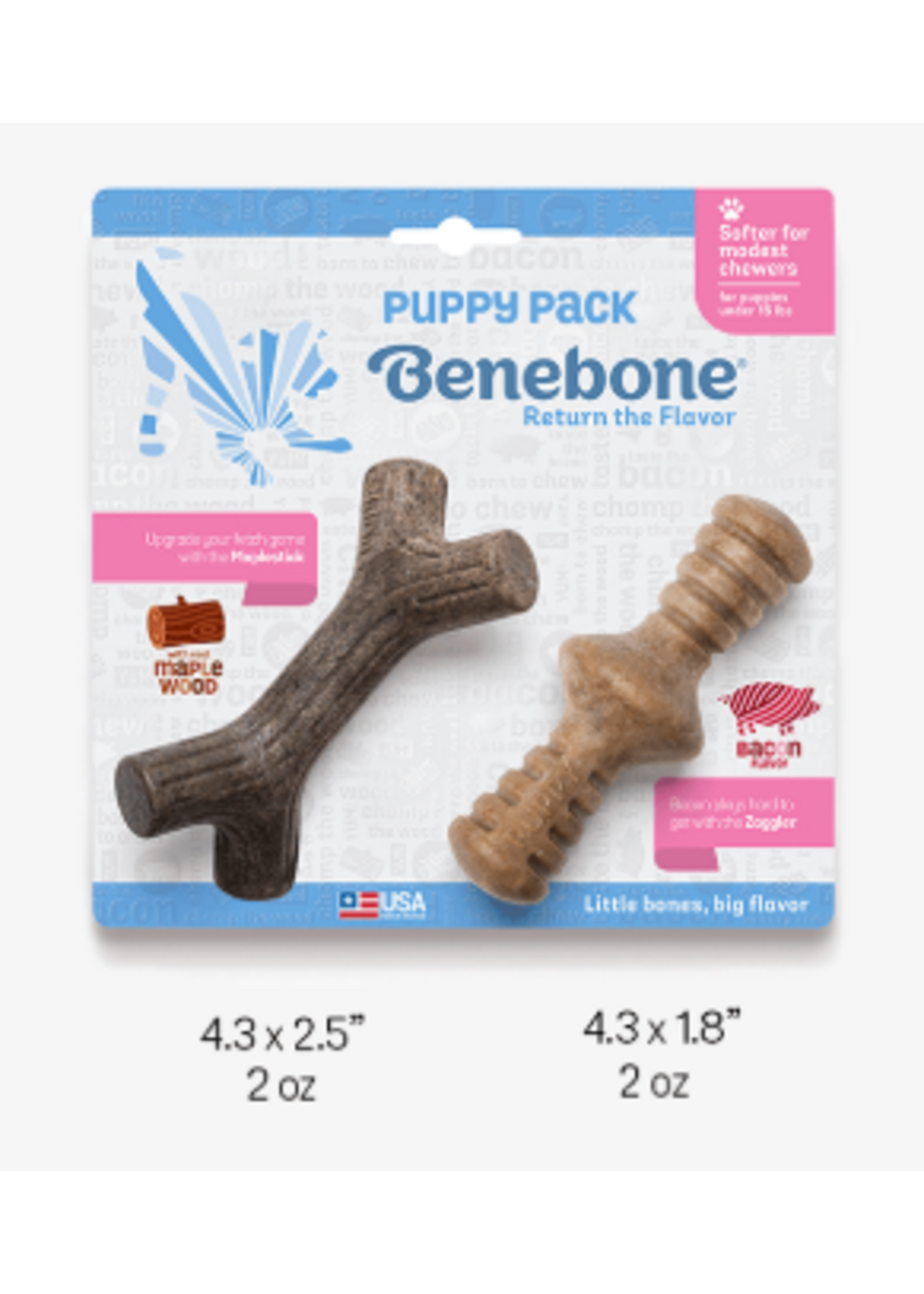 Benebone Benebone Puppy Maplestick Durable Dog Chew Toy 2-Pack Zaggler Bacon Tiny