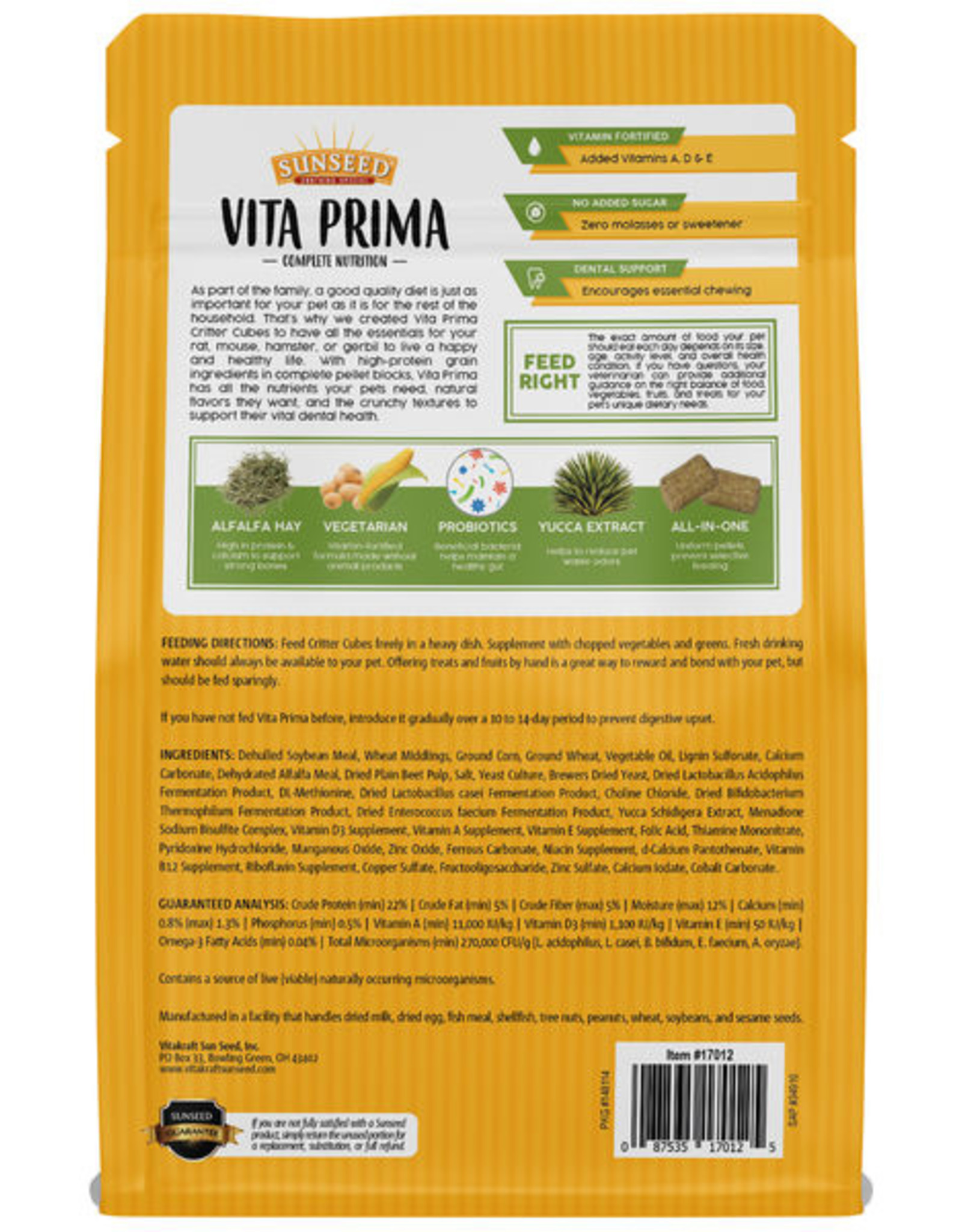 Vitakraft Sun Seed Sunseed Vita Prima Sunscription Critter Cubes Small Animals Food - 2 Lbs
