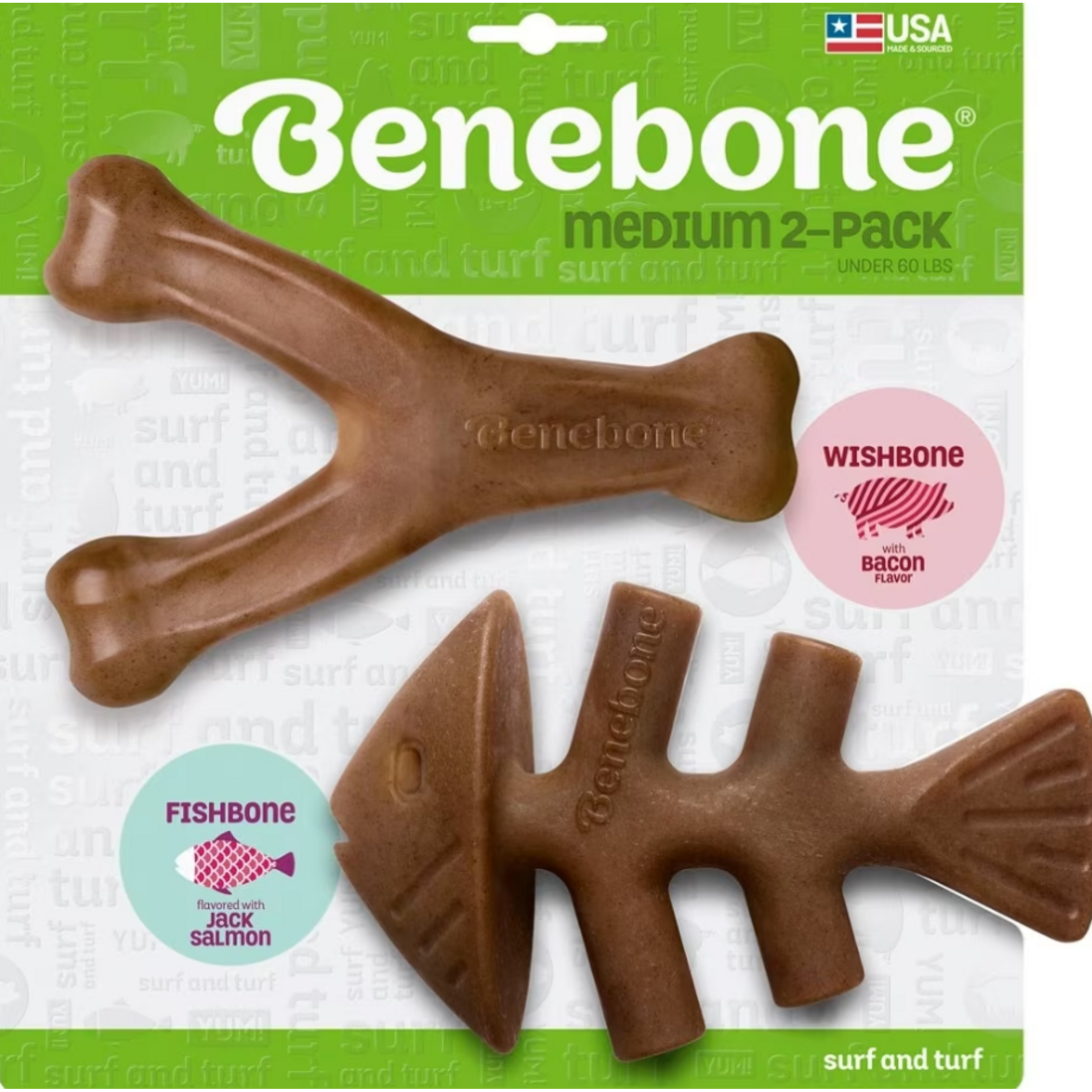 Benebone Benebone Bacon Wishbone/Fishbone Dog Toy Medium Pack of 2