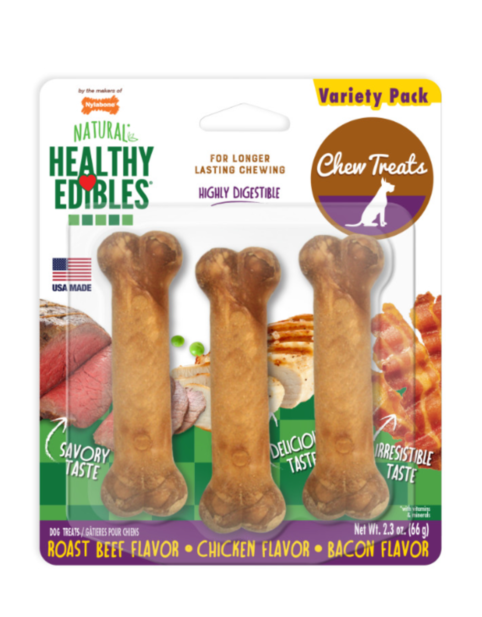 Nylabone Nylabone Healthy Edibles VARIETY ROAST BEEF, CHICKEN & BACON 3 Pack - X-Small