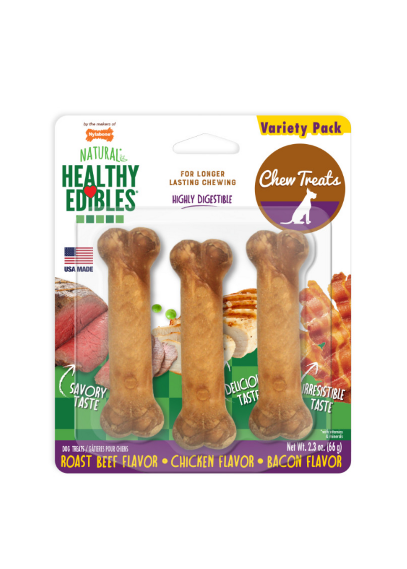 Nylabone Nylabone Healthy Edibles VARIETY ROAST BEEF, CHICKEN & BACON 3 Pack - X-Small
