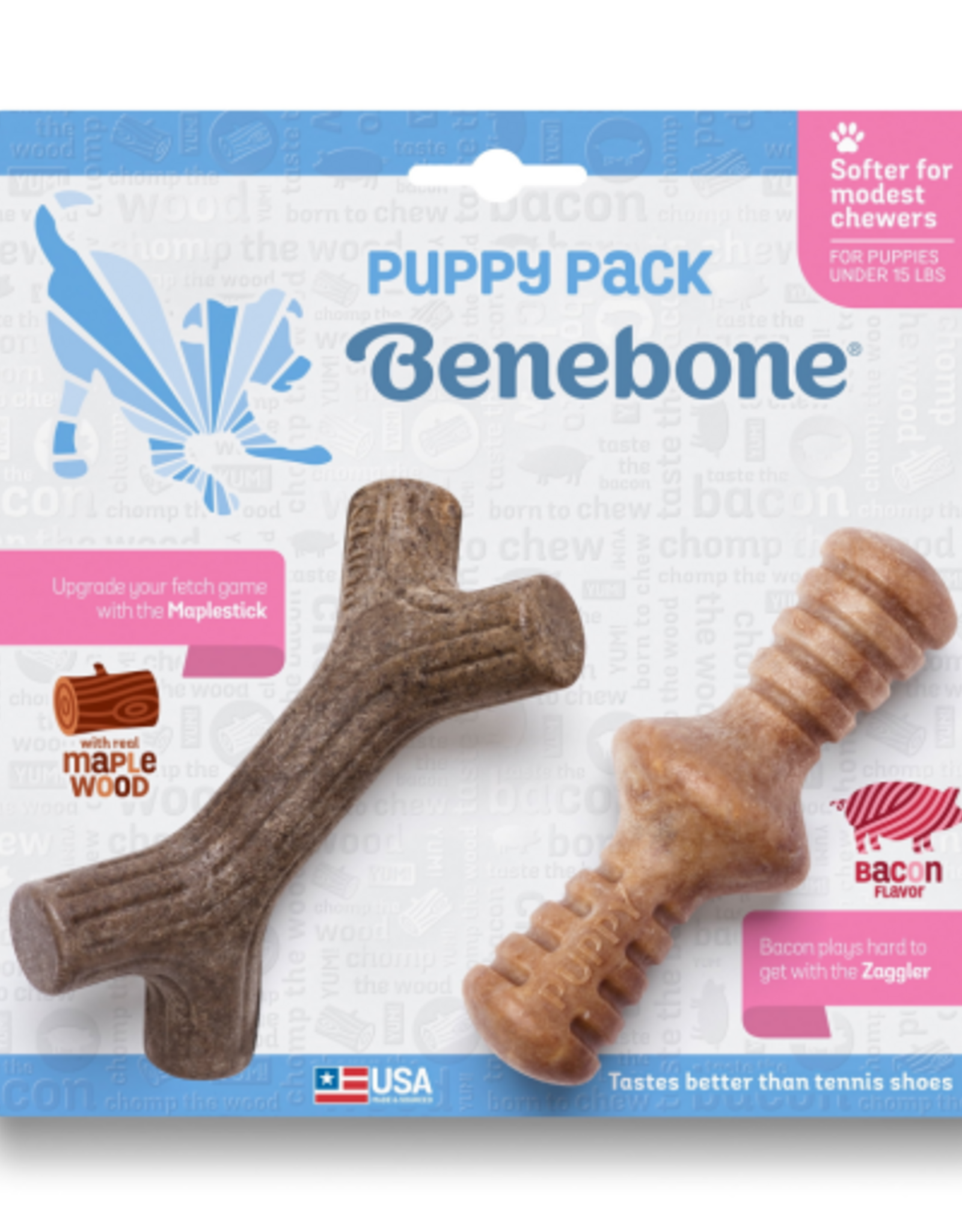 Benebone Benebone Puppy Maplestick Durable Dog Chew Toy 2-Pack Zaggler Bacon Tiny