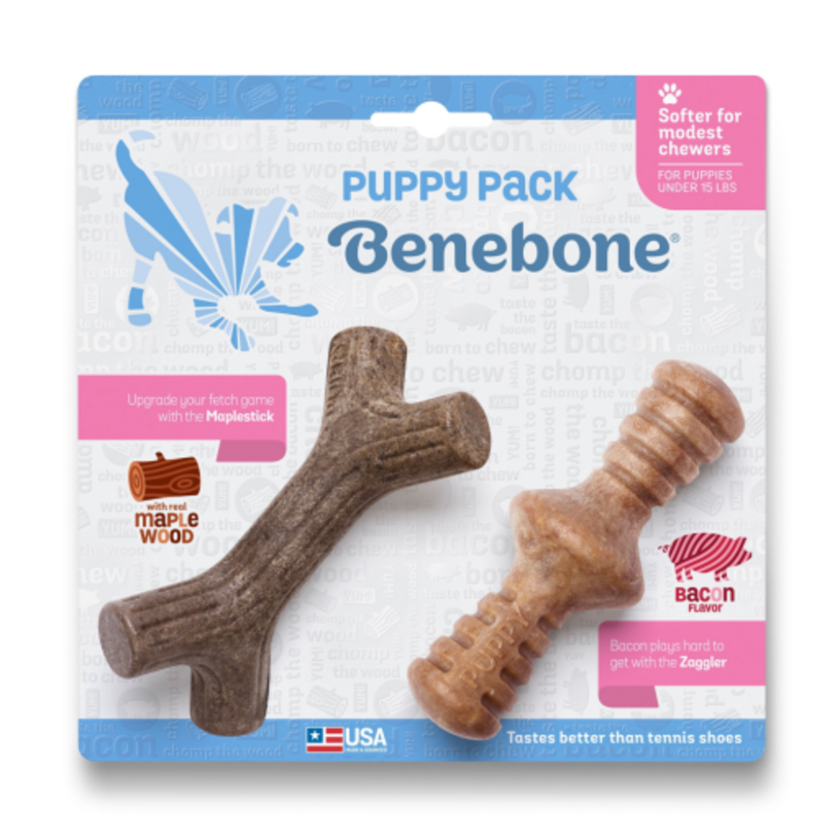 Benebone Benebone Puppy Maplestick Durable Dog Chew Toy 2-Pack Zaggler Bacon Tiny