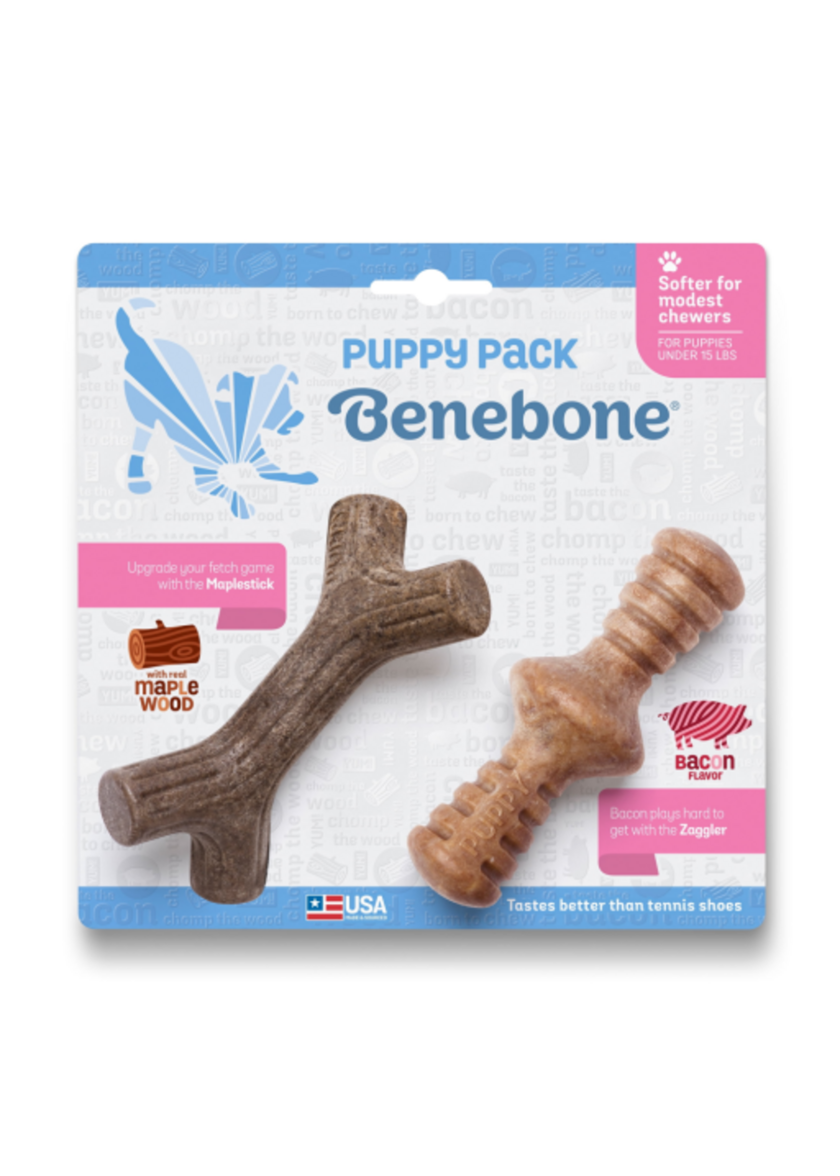 Benebone Benebone Puppy Maplestick Durable Dog Chew Toy 2-Pack Zaggler Bacon Tiny